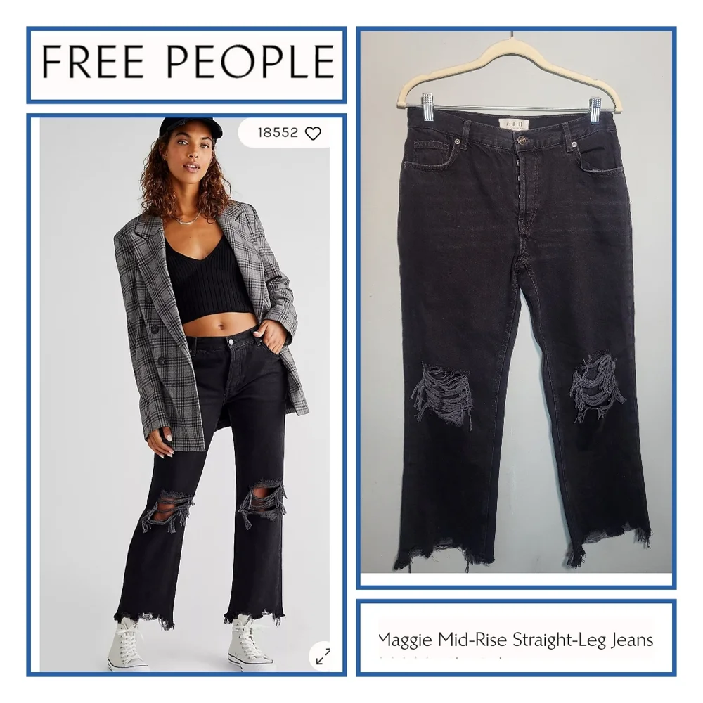 FREE PEOPLE Maggie Mid-Rise Straight Leg Jean Size 27 Destroyed Hem Black Denim